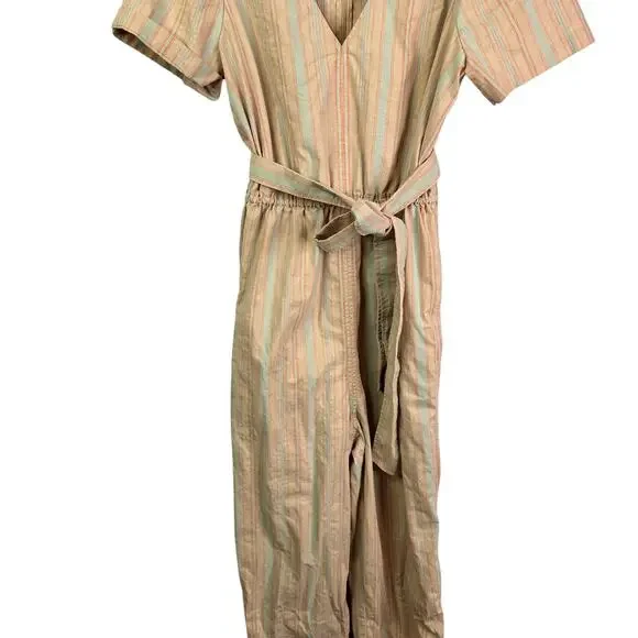 MADEWELL 6 Striped Puff-Sleeve Tapered Jumpsuit Pink Blue Linen Blend Romper - Picture 3 of 7